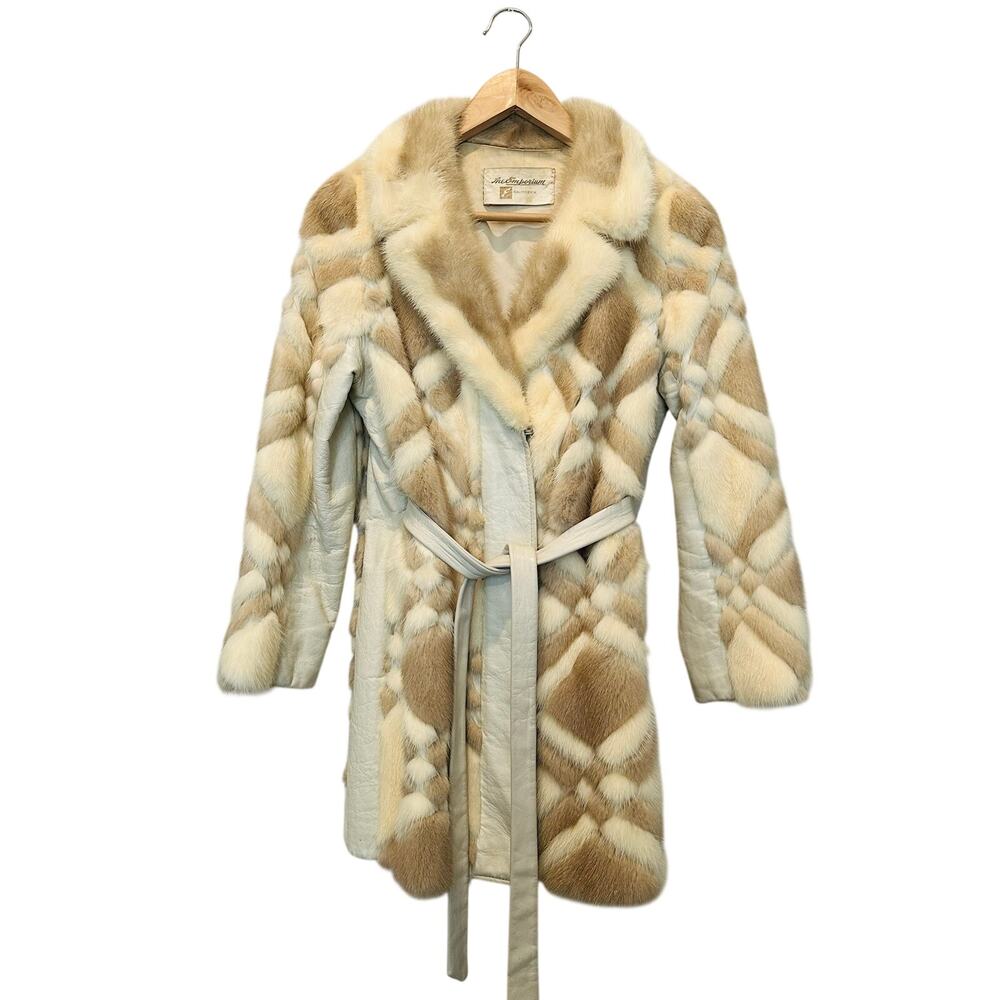 Vintage Geometric Mink Fur Leather Coat The Emporium Belted Cream Taupe